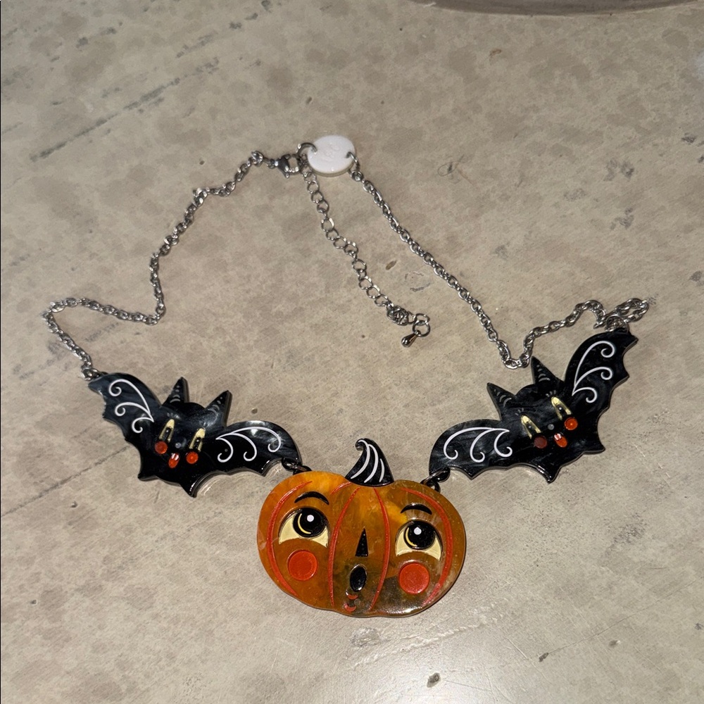 Johanna Parker Lipstick & Chrome Halloween Jack-o-Lantern Bat Necklace